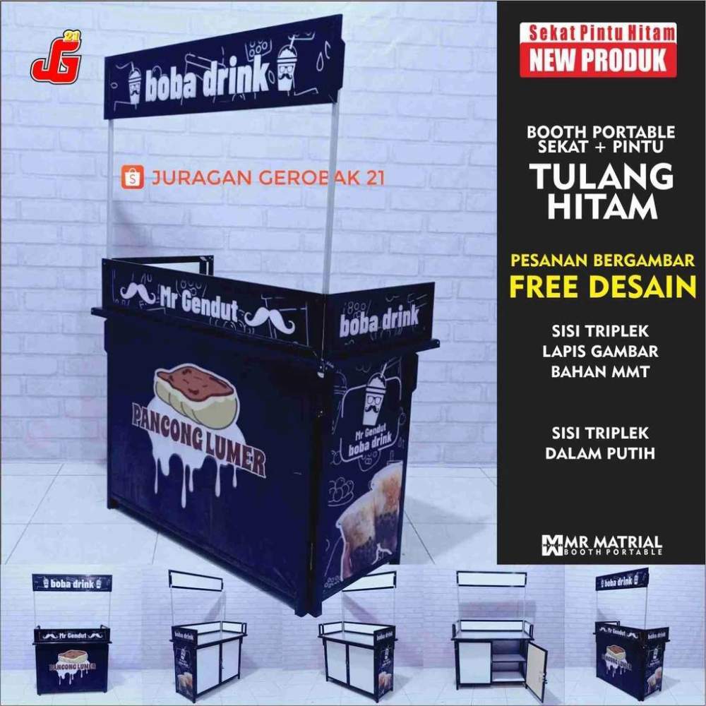 Booth Portable Sekat Pintu Spesial Hitam / Gerobak Lipat / Meja lipat / Gerobak Usaha , Dagang
