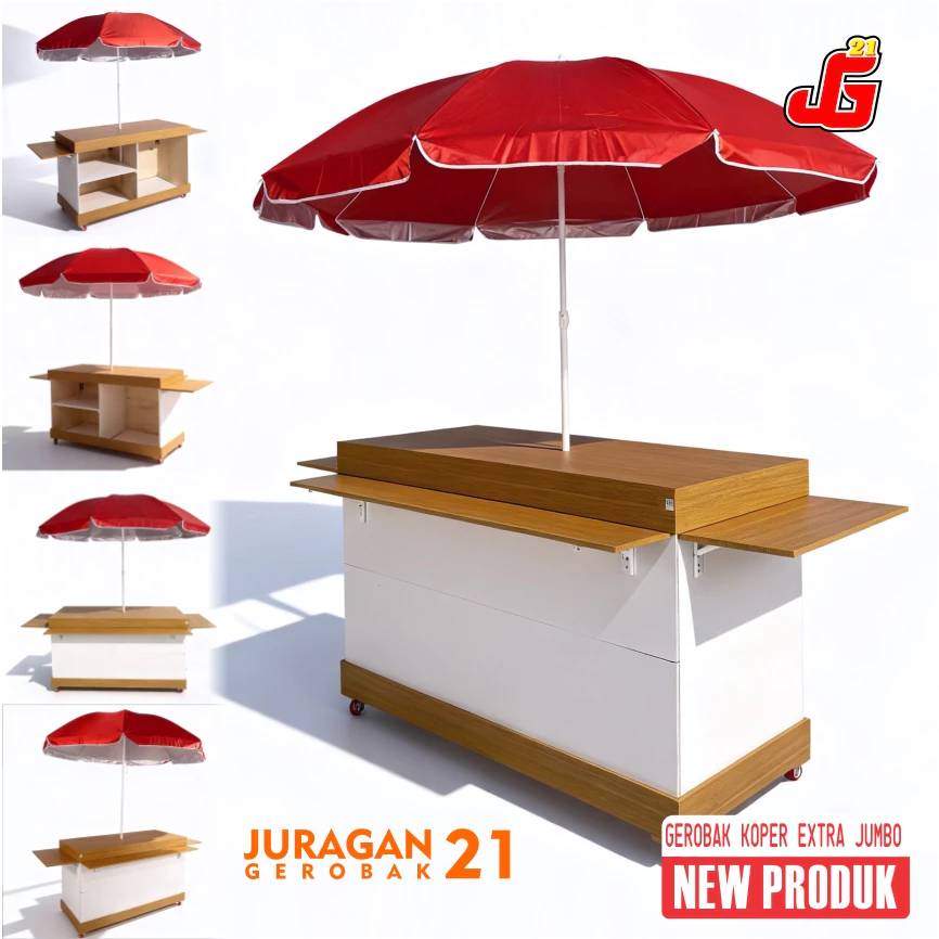 Booth Portable Lipat Model Koper Jumbo Meja Samping Dan Meja Depan | Gerobak Jualan Minuman | Meja Booth Bazar + Roda + Payung Juragan Gerobak 21
