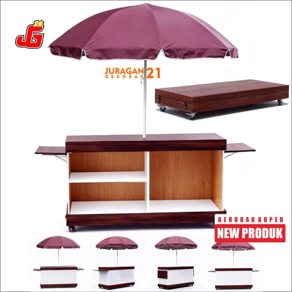 Booth Portable Lipat Model Koper Jumbo Meja Samping | Gerobak Jualan Minuman | Meja Booth Bazar + Roda + Payung